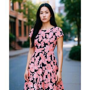 Studio One Dress Womens Petite Small Fit Flare Short Sleeve Floral Textured Boho